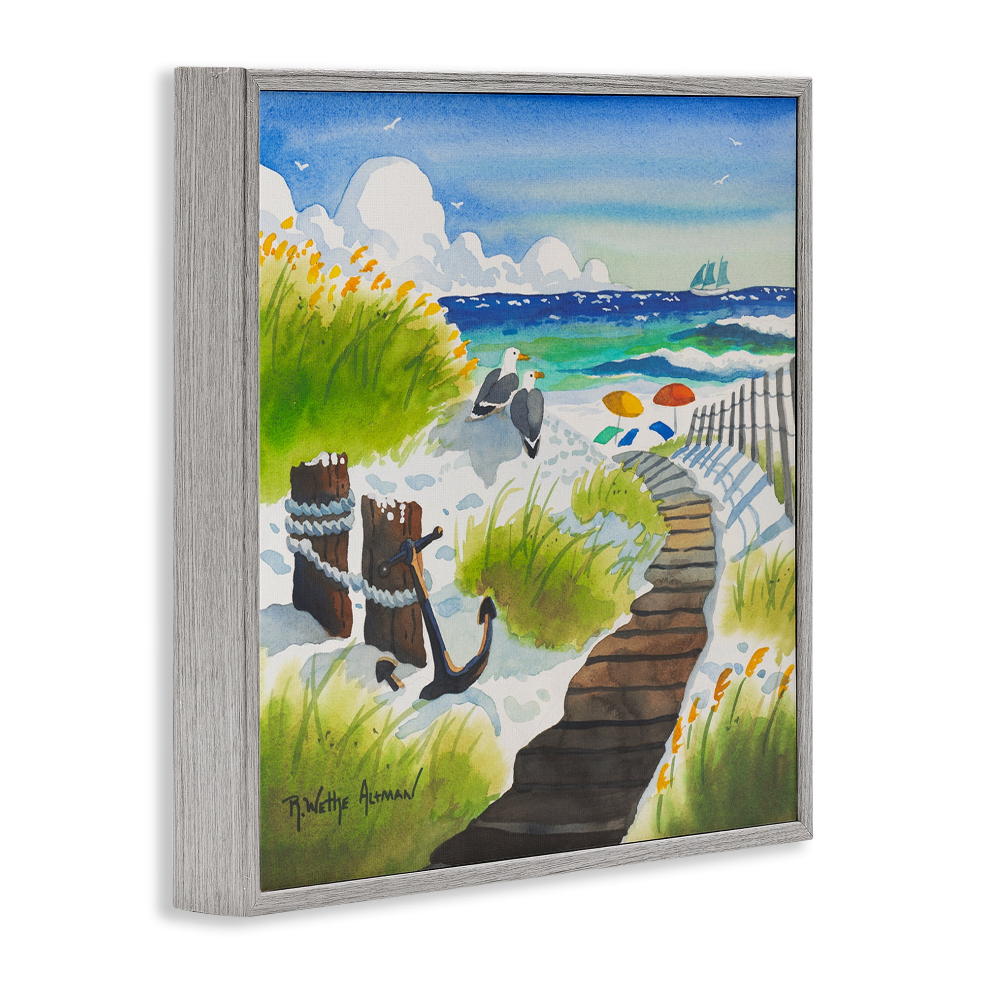 Stupell Industries Seagull & Anchor on Shore Gray Framed Giclee Art, design by Robin Altman