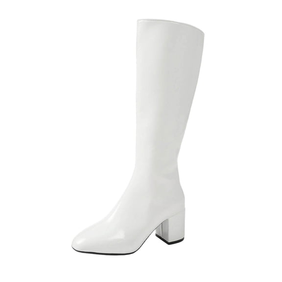 Shrysg Women's Knee High Boots Block Heel Round Toe Tall Boots Casual Side Zipper Long Boots White