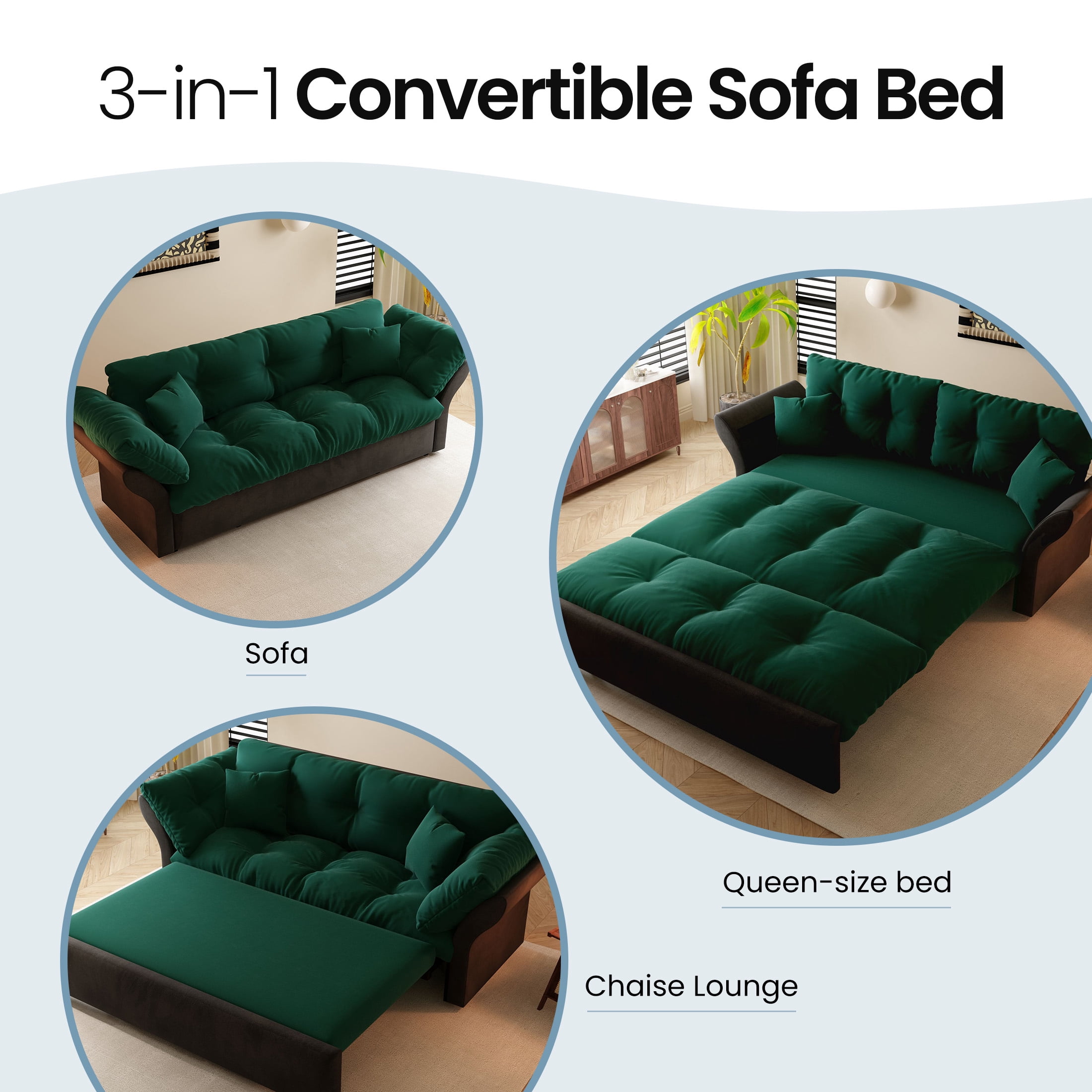 Aukfa 74.8" Queen Pull Out Sofa Bed, Convertible Loveseat Sleeper Sofa Couch with 2 Pillows, Tufted, Green