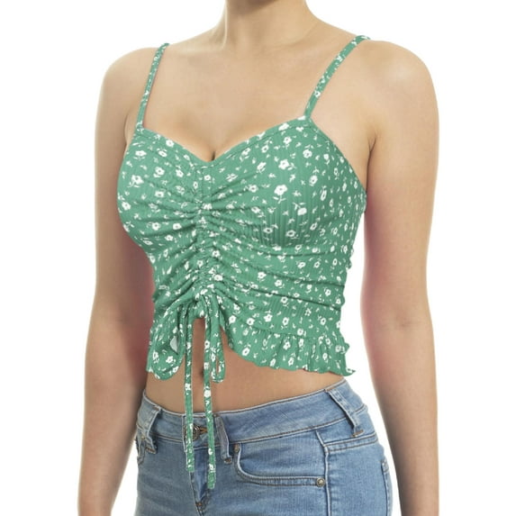 Made by Olivia Women's Tunnel Drawstring Front Tie Ribbed Strap Ruffle Hemmed Cropped Length Cami Top