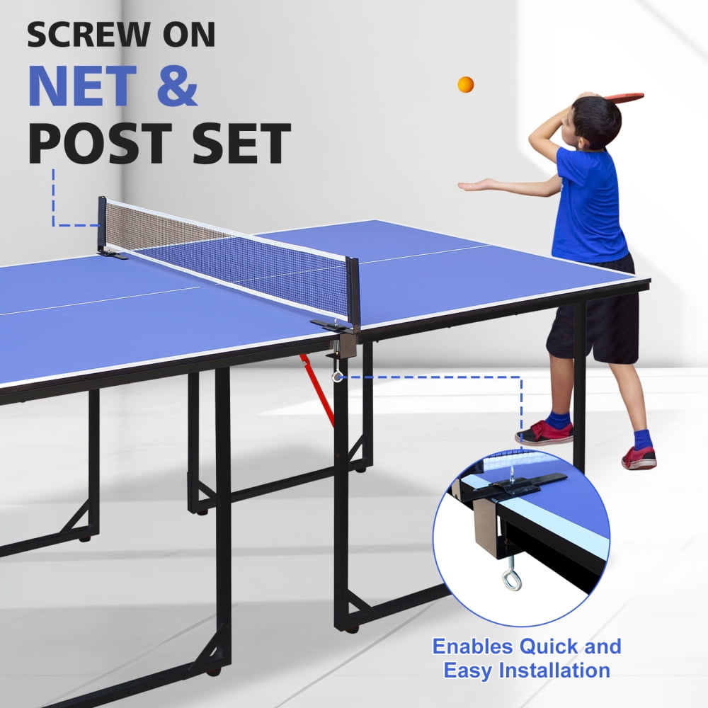 6ft Mid-Size Table Tennis Table, Foldable & Portable Ping Pong Table Set for Indoor & Outdoor Games with Net, 2 Table Tennis Paddles and 3 Balls