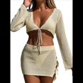 thumbnail image 3 of Traje de Baño de Crochet para Mujer, 2 Piezas, Larga, Top Corto con Lazo Frontal, Minifalda Albaricoque M, 3 of 8