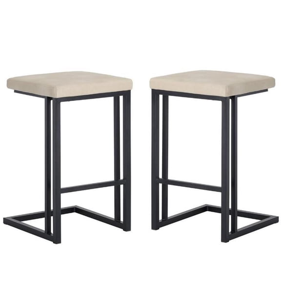 Home Square 2 Piece Faux Leather and Steel Counter Stool Set in Cream/Black
