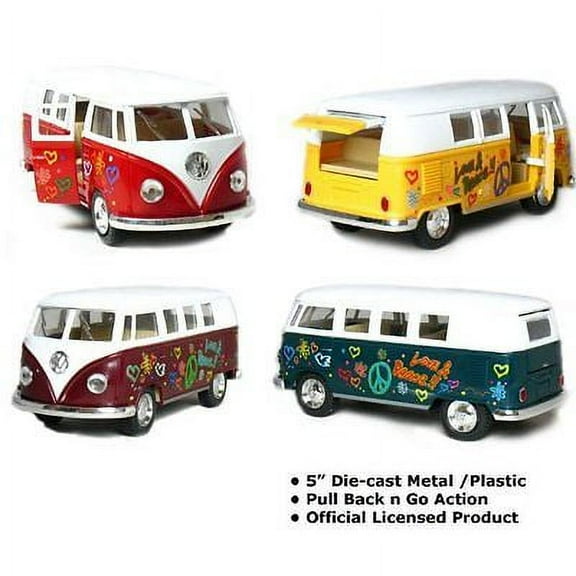 4PC SET 5" Kinsmart 1962 Volkswagen Classical Bus Decal 1:32 Diecast Love Peace
