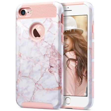 ULAK iPhone 7 Case, Sturdy Hybrid Dual Layer Bumper Phone Case for Apple iPhone 7 for Women Girls, Cracked Marble