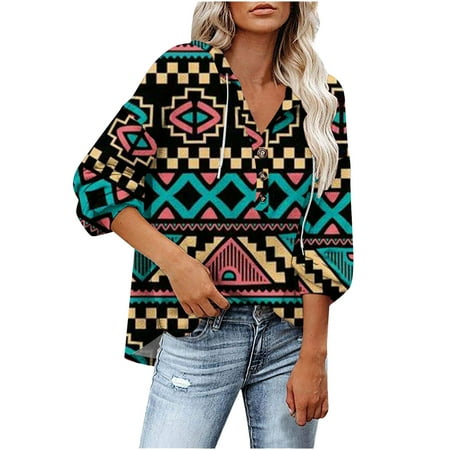 

jsaierl Womens Oversized Hoodies Sweatshirts Long Sleeve Ethnic Printed Button Down Henley Pullover Shirts