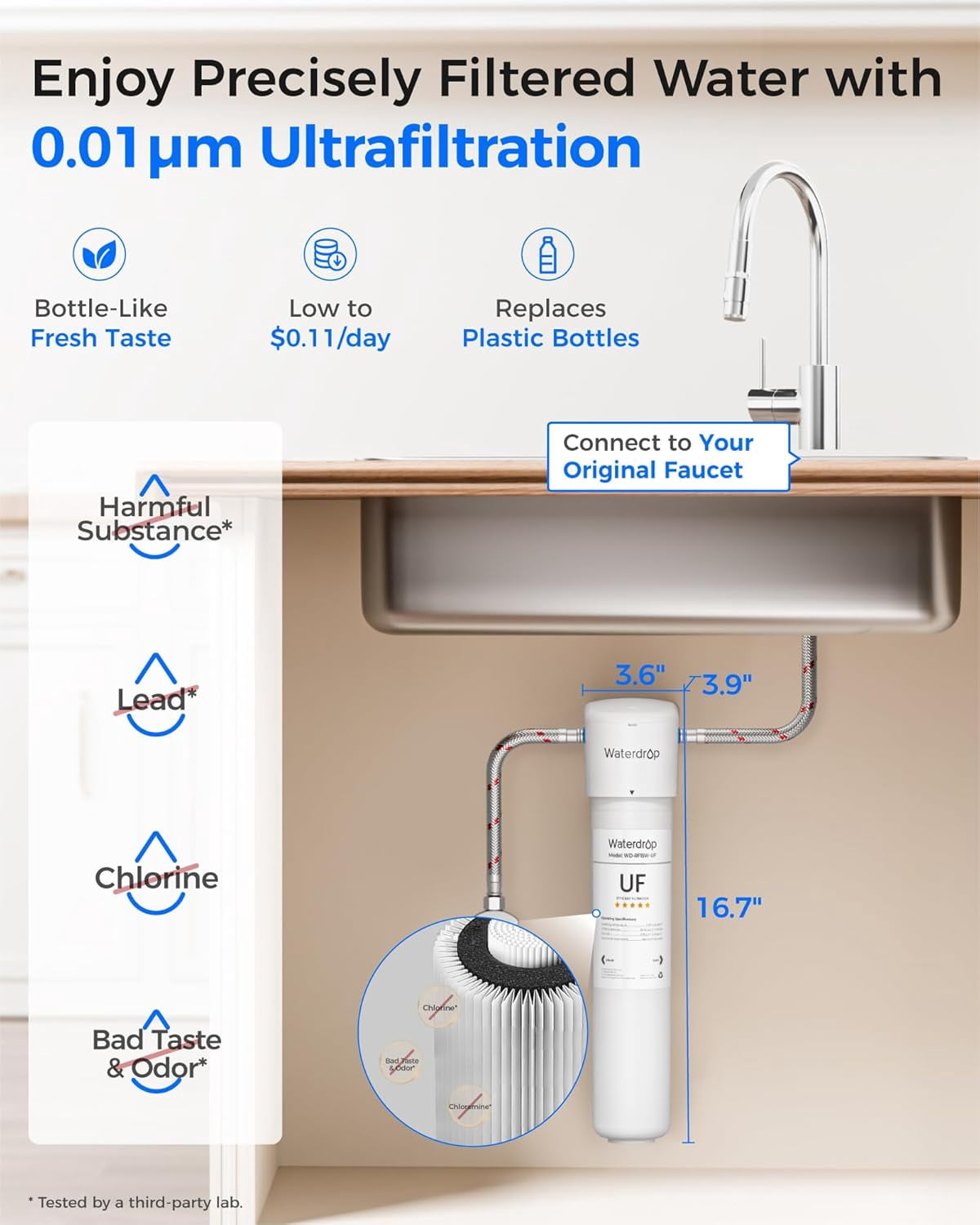 Waterdrop 15UAW-UF 0.01 μm Ultra Filtration Under Sink Water Filter System, 2 Years, Reduces Lead, Chlorine, Bad Taste & Odor