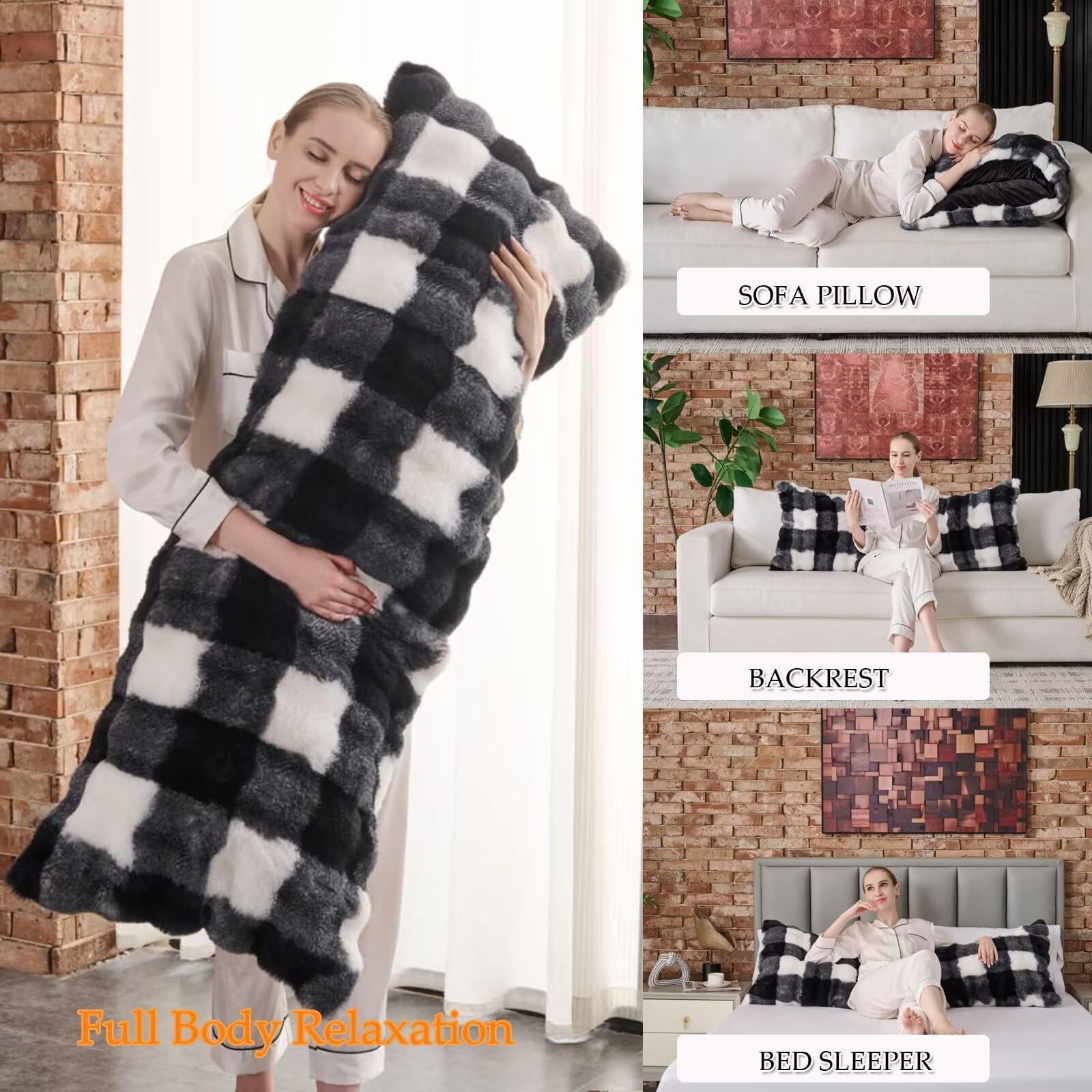 Luxury Shaggy Faux Fur Body Pillow,Fluffy Bed Pillow with Zipper Closure,Soft Decorative Plush Full Long Pillows,Fuzzy Hug Pillow for Living Room Side Sleeper & Pregnancy 20"x54" Print in Black/White