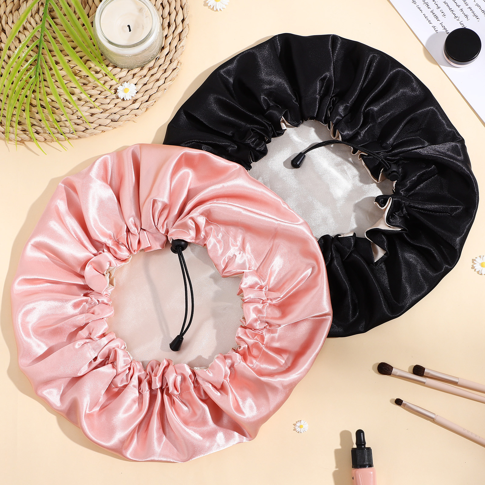 Zcyifa satin bonnet for sleeping 4pcs Satin Sleep Caps Adjustable Satin Bonnet Hair Bonnet for Sleeping Cooking Shower