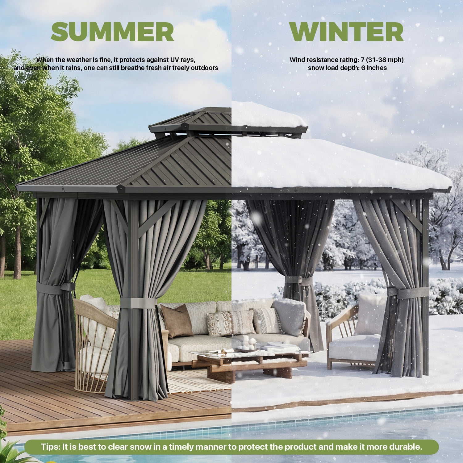 BaPiPro 10'x12' Hardtop Gazebo, Outdoor Steel Double Roof Metal Gazebo with Curtains and Nettings, Aluminum Frame Permanent Pavilion for Patio Garden Backyard, Gray