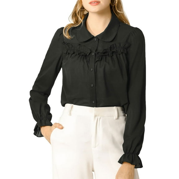 INSPIRE CHIC Women's Button Down Long Sleeve Cuff Ruffle Detail Blouse Shirt Tops XL Black