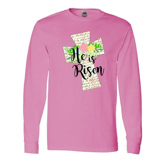 Inktastic He is Risen Cross with Script and Flowers Long Sleeve T-Shirt