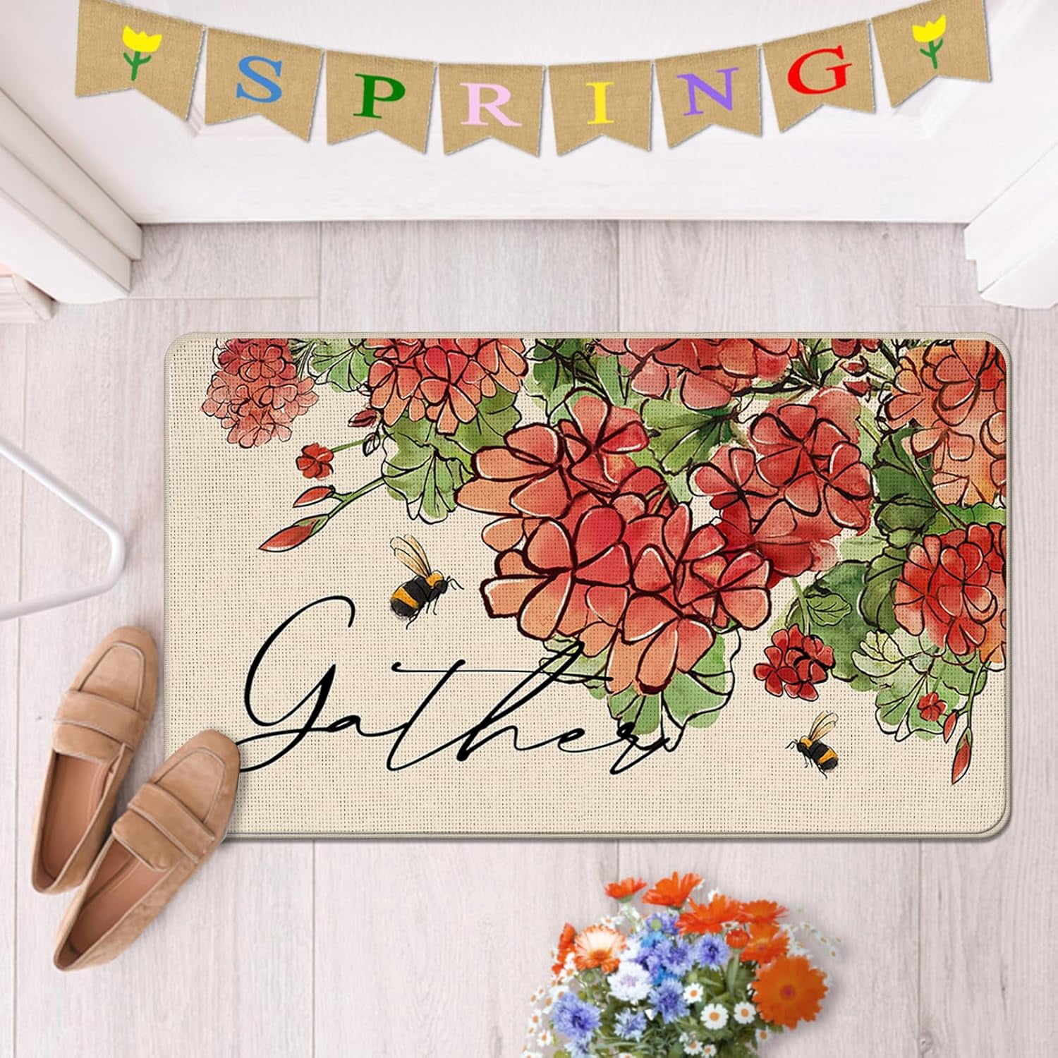Spring Summer Floral Flower Decorative Front Door Mat, Red Geranium Doormat Indoor Outdoor Non-Slip Floor Entryway Rug, Gather Bee Seasonal Home Kitchen Decoration 17x30 Inch