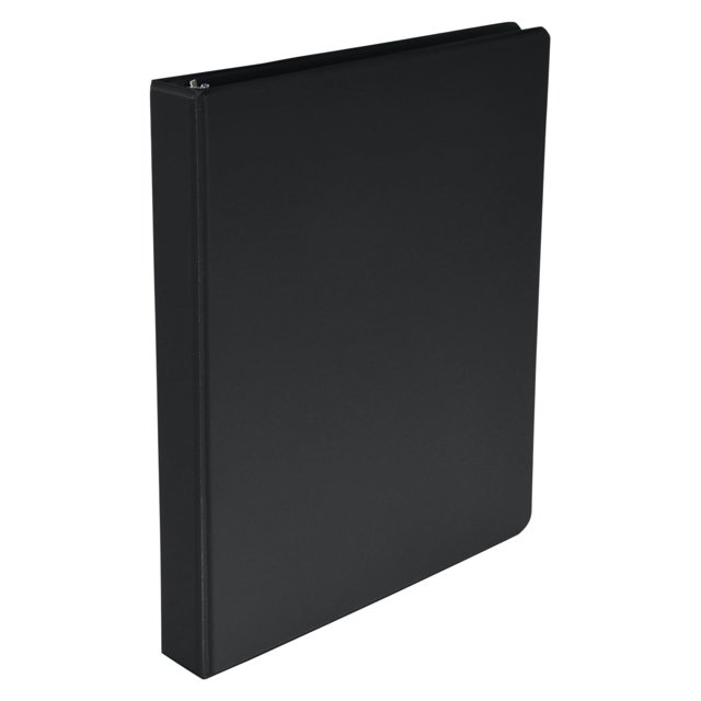 anillo en d smart de binder school, polipropileno, 2,54 cm, negro carpeta School Smart en vista 3/4, forro de polipropileno negro liso, lomo de 1 pulgada (2.54 cm) y anillas en D visibles; diseño que permite papeles planos, capacidad hasta 240 hojas y bolsillos interiores profundos para hojas sin perforar, apta para escuela u oficina; también suele usarse para organizar proyectos o portafolios de presentación.