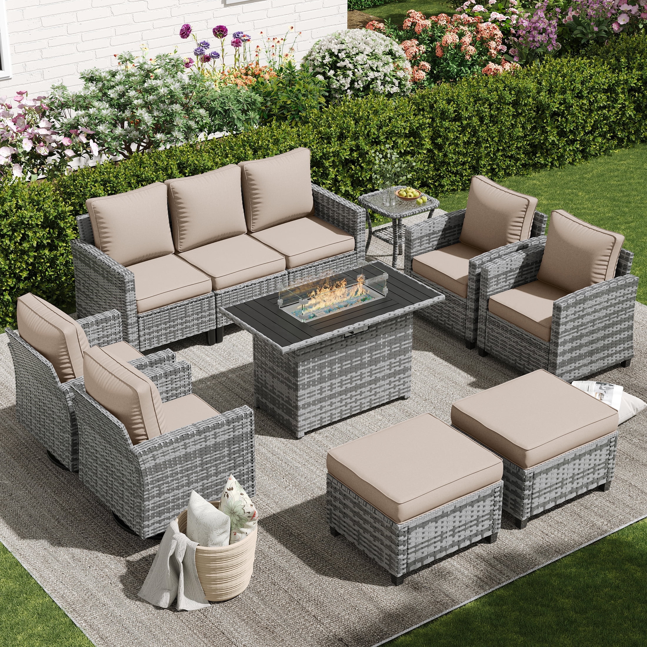 POTEBAN Patio Furniture Set with 44" Fire Pit Table, 9 Pieces Outdoor Sectional Conversation Sets with Swivel Chair & Ottoman for Garden Backyard Deck, Khaki