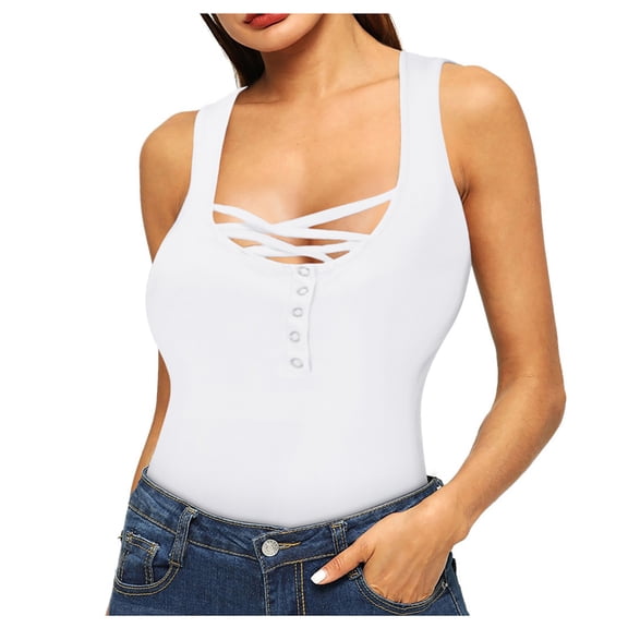 FINALGANG Womens Tank Solid Color Sleeveless Top With Crisscross Lace Up Henley Neck Slim Fit Casual Top For Daily Going Out Wear Soft Top