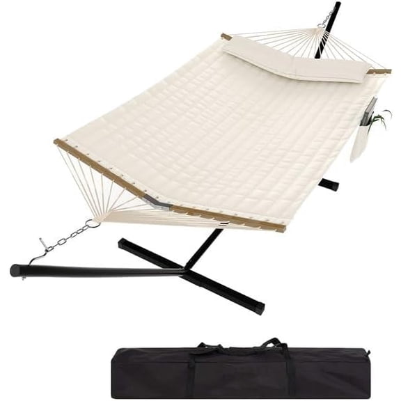 2-Person Hammock with Stand, Heavy Duty Steel Frame Supports 450Lbs, Quilted Polyester & Breathable Net Design, Includes Storage Bag for Backyard, Patio, Camping