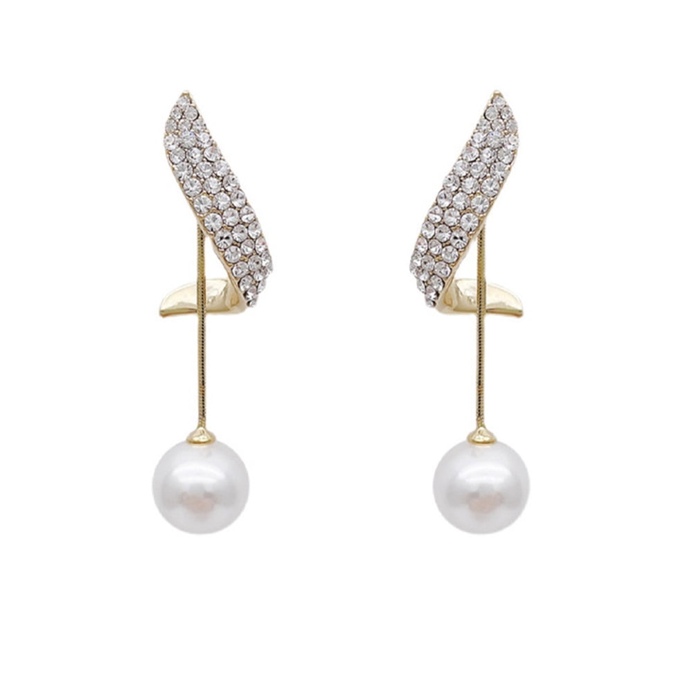 Clip On Chic Cream Pearl Crystal Rhinestone Drop Stud Gold Earrings Jewelry 