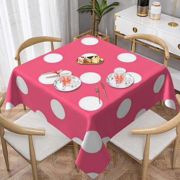 Square Tablecloth White Polka Dots in Pink Table Cover Washable Table Cloths for Kitchen Dinning Party Tabletop Modern Decoration 60 x 60inch