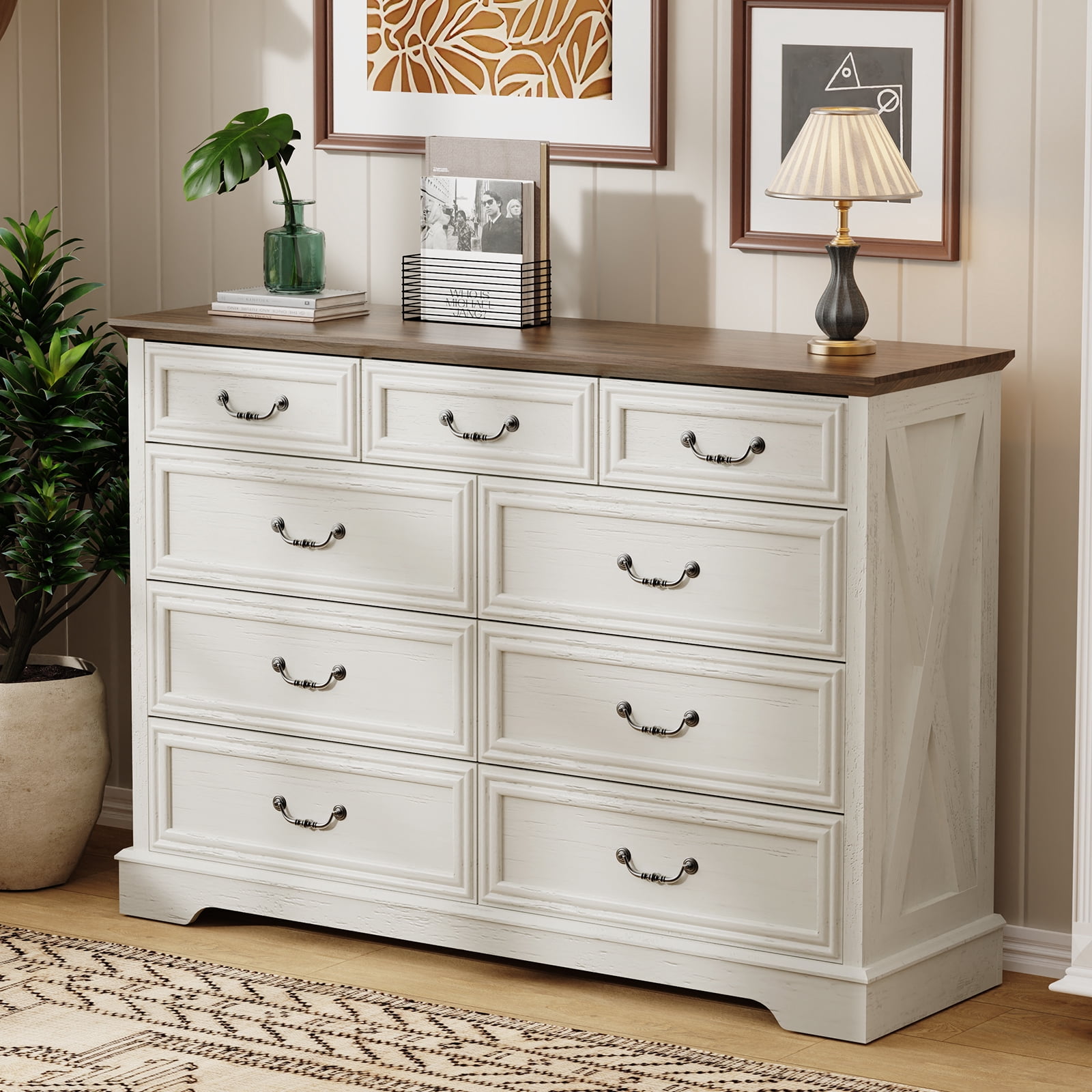 Vintage 9-Drawer Dresser with Antique Handles - Versatile Chest of Drawers for Bedroom, Living Room, Entryway & Hallway