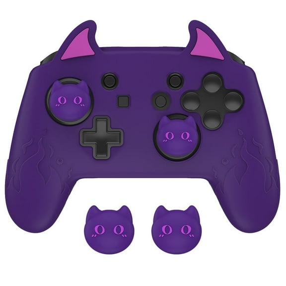 PlayVital Cute Demon Silicone Grip Cover for Nintendo Switch Pro Controller, Anti-Slip, Kawaii Protective Skin with Joystick Caps and Stickers – Purple