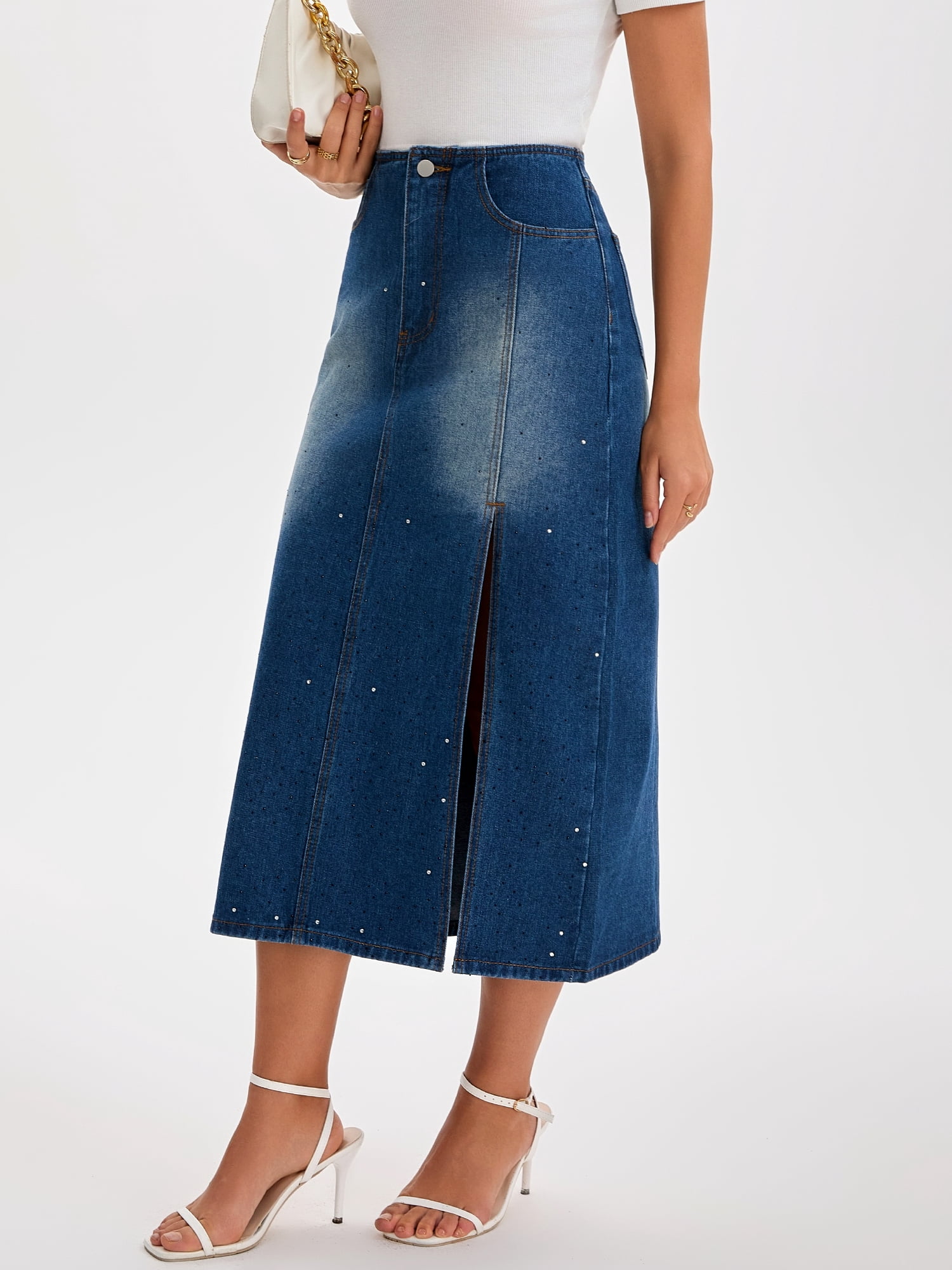 DARING DIVA Women's Midi Denim Skirt Side Split Rhinestone Jean Skirts XX-Large Dark Blue