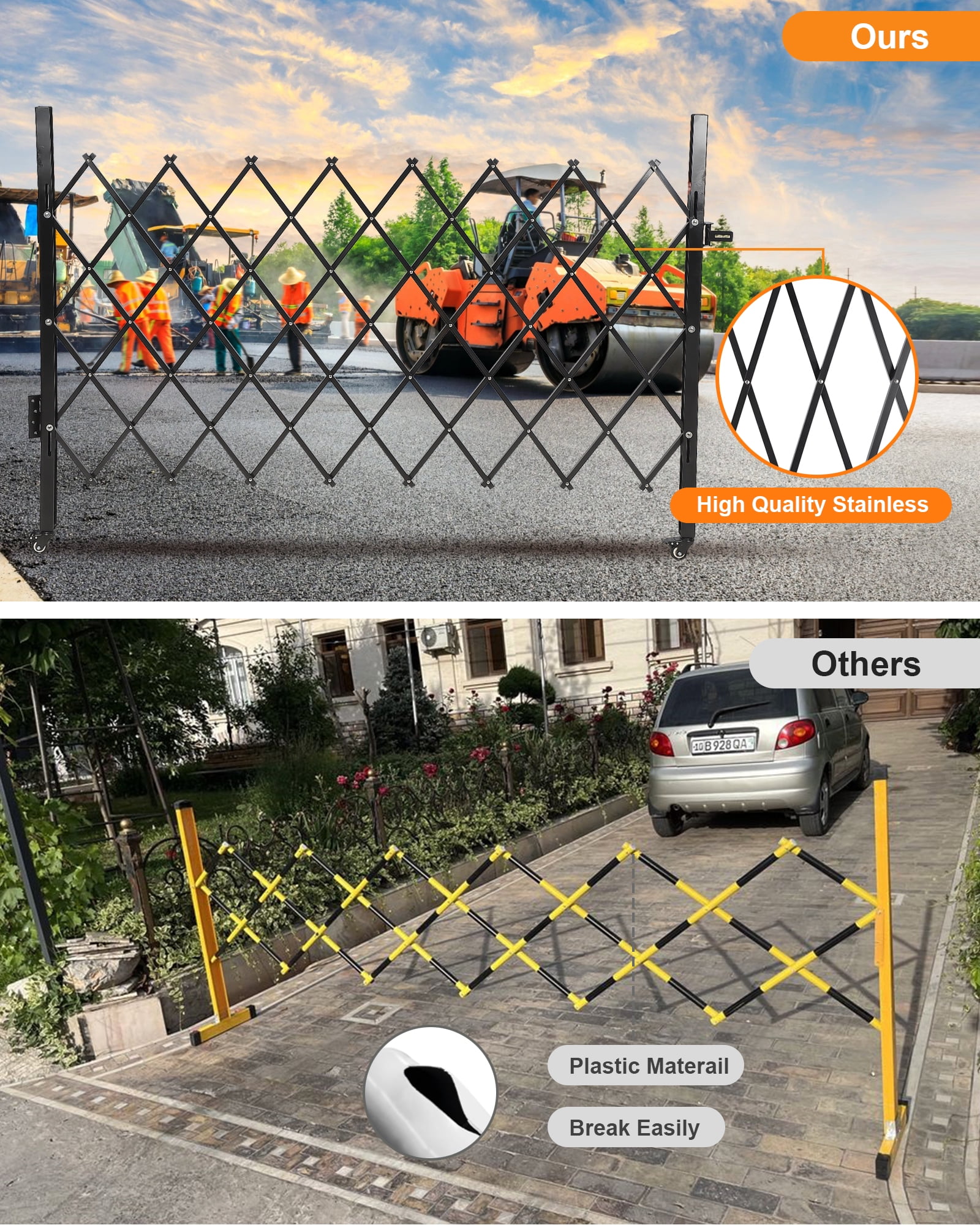 M optimized Foldable Security Gate, Aluminum Expandable Fence Portable Safety Barrier with Casters Retractable Driveway Gates 360°Rolling Barricade Gate Mobile Barricade Safety Barrier
