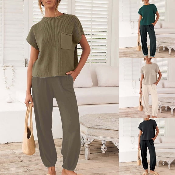 Women's 2 Piece Set, Summer Short Sleeve Top and Loose Fit Pants Outfit, Casual Cuffed Ankle Lounge Set, Matching Outfit Set for Women, Summer Lounge Set and Casual Wear-Black