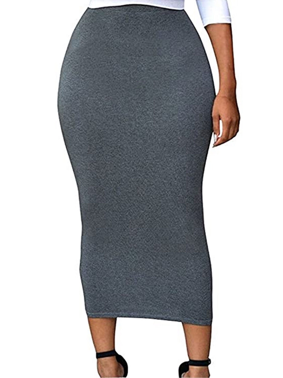 Pencil skirt high waist midi knee length straight career cotton stretch S-M-L-XL 