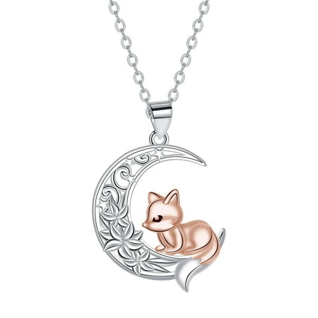 ICTPTOSL 925 Sterling Silver Crescent Moon Necklace Fox Pendant Necklace Birthday Jewelry Gifts for Women Daughter