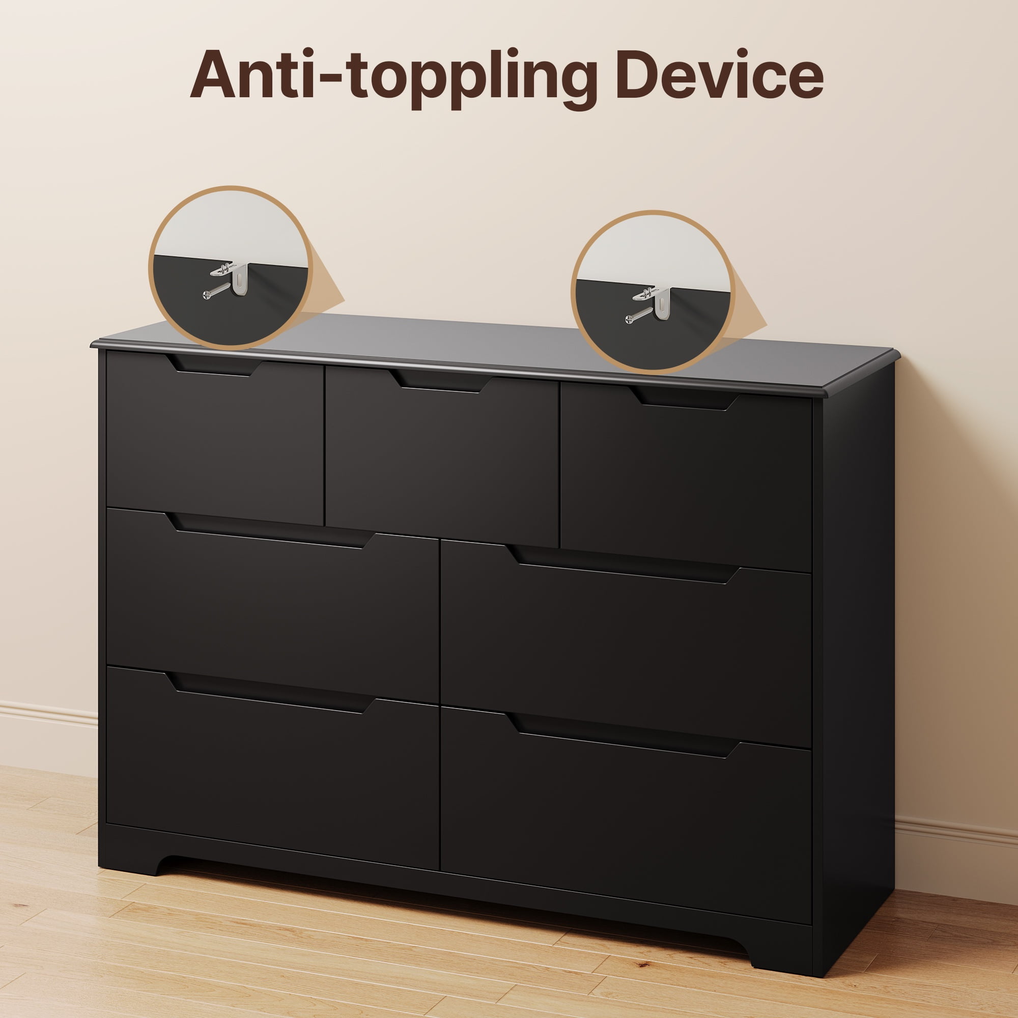 Asofer 7 Drawer Dresser with Cutout Handle, Chest of Drawers for Bedroom, Entryway, Hallway, Black