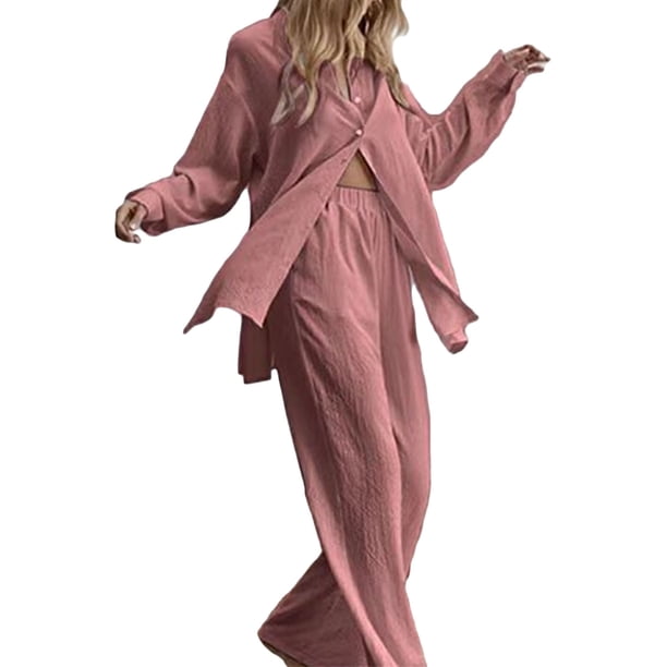 SAYOO Trajes casuales para mujeres, blusa de manga larga con solapa de color sólido + pantalones elásticos SAYOO moda