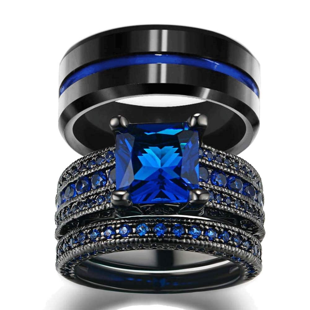 Round Clear Blue Sapphire CZ Stainless Steel Wedding Engagement Promise Ring Set 