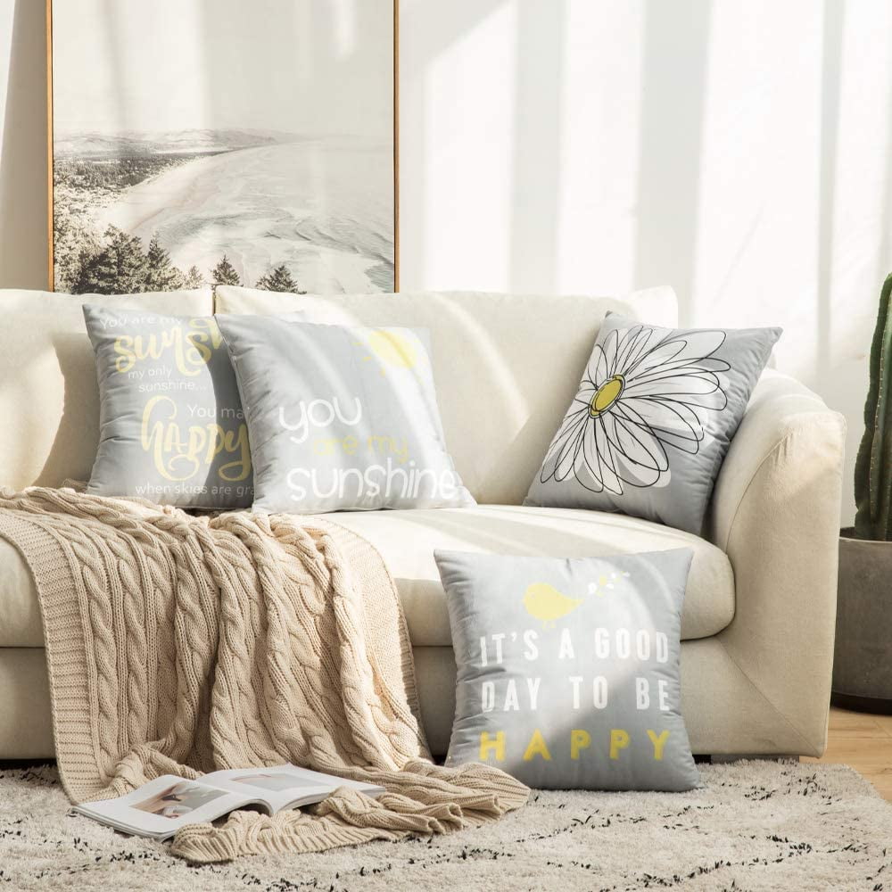 Wekity Pack Of 4 Outdoor Decorative Cute Throw Pillow Covers Summer Quote Words Bird Sunshine Flower Cushion Case Sham Pillowcases For Couch Sofa Bed