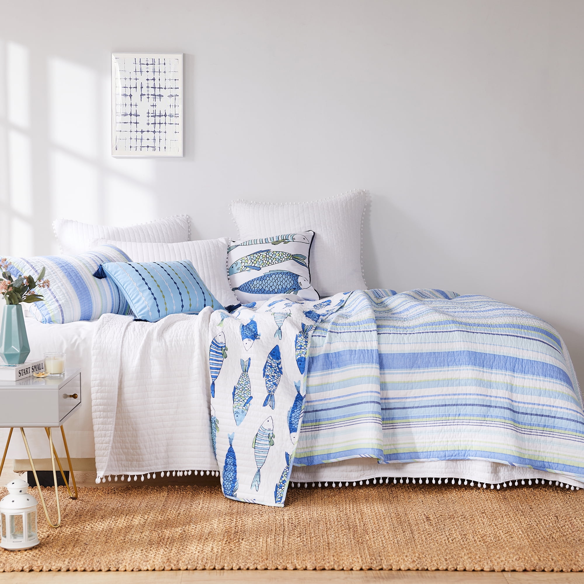 Levtex Home Catalina Fish Blue Striped Cotton Quilt, Full/Queen - Reversible