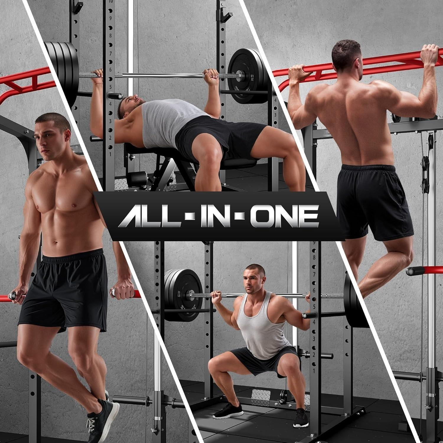Forgemus Squat Rack for Home Gym,2000lbs Power Rack Squat Machine with LAT Pulldown and More Training Attachments,Weight Rack with Adjustable Pulley System for Full Body Workout,Black