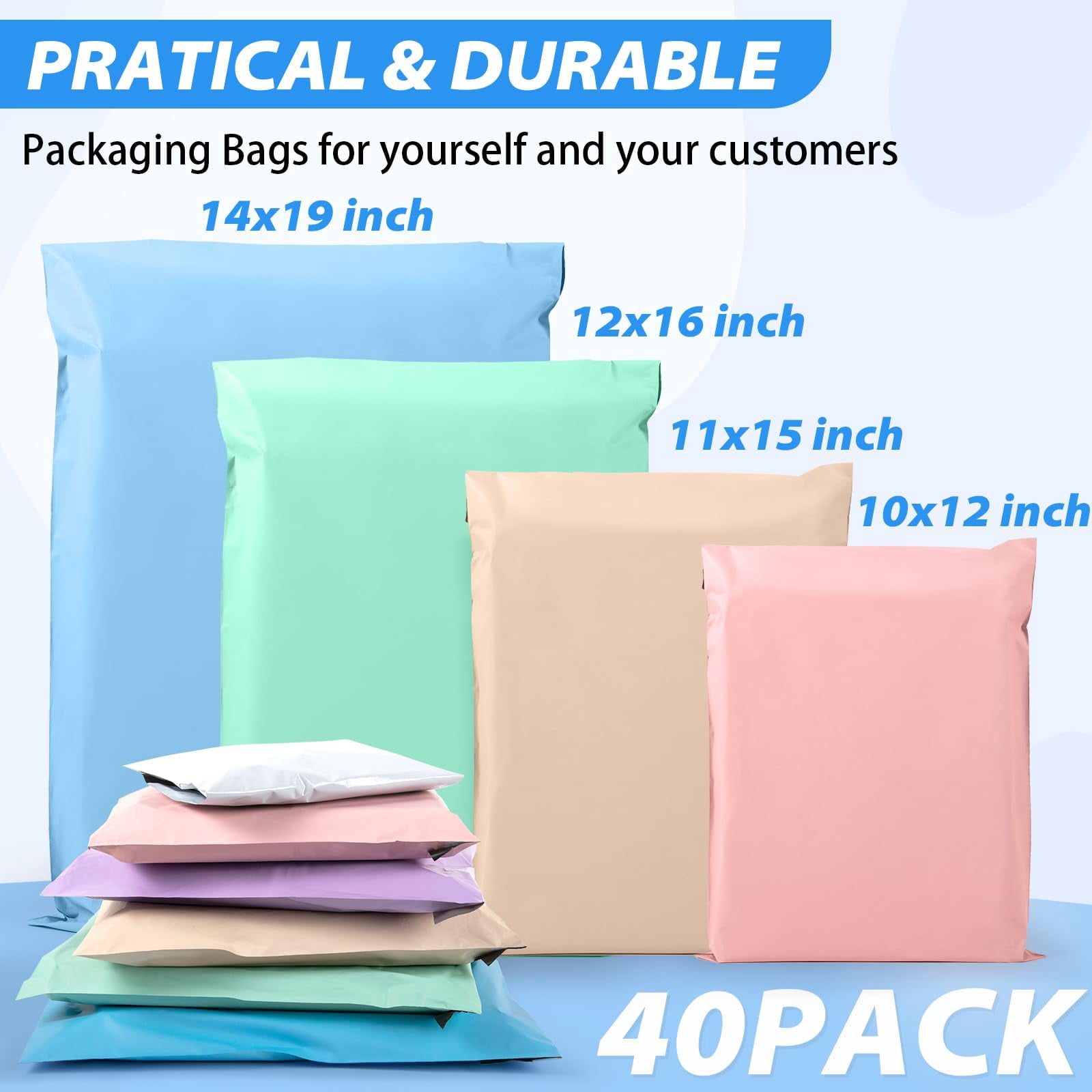 40 Pcs Poly Mailers, Strong Adhesive Plastic Shipping Bags, Tear-Resistant Colorful Mailing Envelopes for Packaging Clothing, 4 Sizes