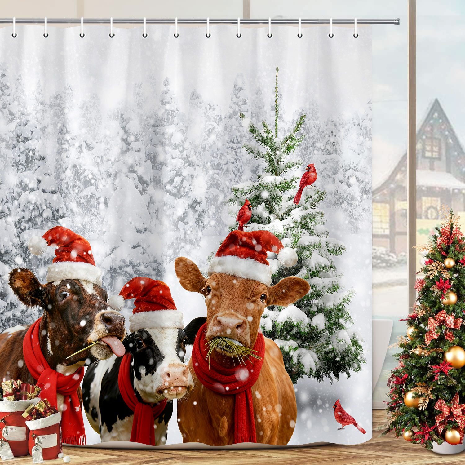 Winter Christmas Shower Curtain Set, Natural Winter Forest Snowflake Christmas Shower Curtain for Bathroom, Funny Cute Cows Christmas Bathroom Decor Waterproof Fabric Bathtub Sets with Hooks,70X70IN