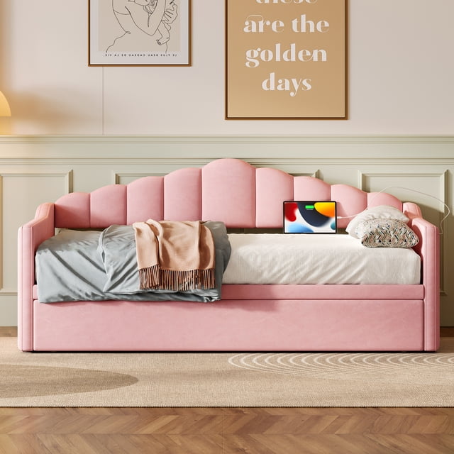 Lit de Jour Double en Velours avec Tiroir-Lit Escamotable, Lit d'Angle Rembourré Extensible avec Ports USB et Poches de Rangement, Cadre de Lit de Jour Double à Très Grand avec Rangement pour Enfants Ados Adultes, Rose