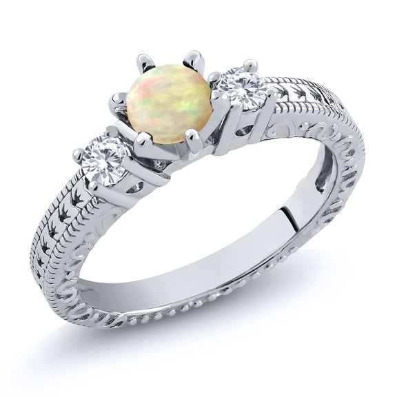 Gem Stone King 0.50 Ct Round Cabochon White Ethiopian Opal E-F Lab Grown Diamond 925 Sterling Silver Ring (Size 7)