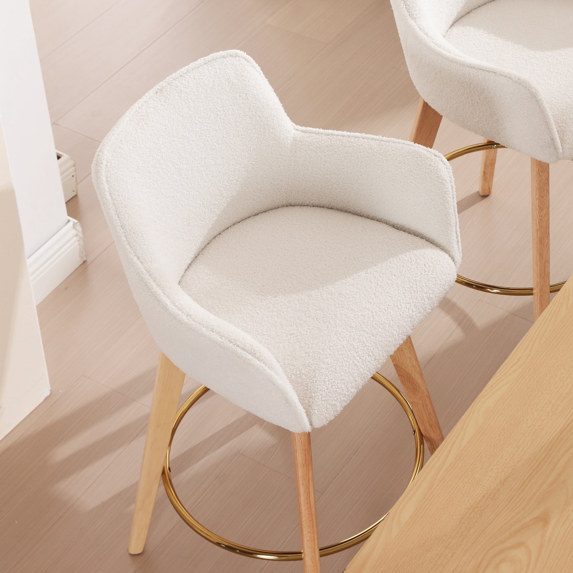 Zesthouse 26.6" Modern Bar Stools, Swivel Single Counter Height Chairs for Kitchen Island, Upholstered Boucle Barstools with Barrel Back, Arms and Wood Legs, Sherpa Fabric Kitchen Bar Chair, White