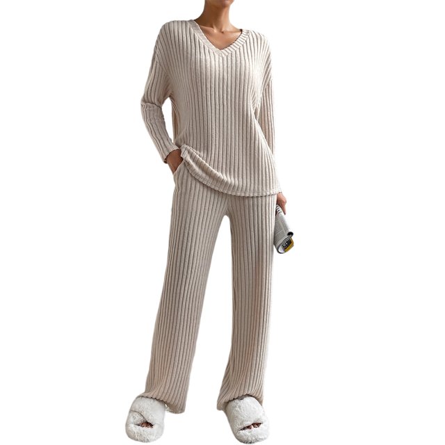 Blusa Conjunto casual de 2 piezas para mujer Conjunto de 2 piezas a juego de punto elegante Conjuntos de ropa para el hogar simples Ygjytge Beige T M para Mujer