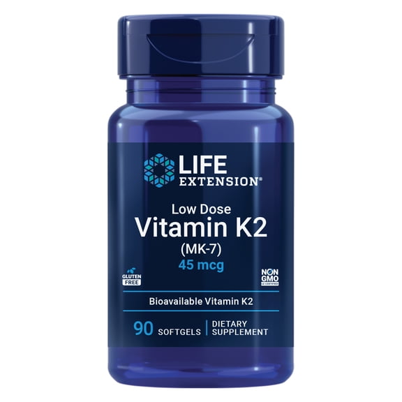 Life Extension Low Dose Vitamin K2, 45 mcg, biologically active vitamin K2, cardiovascular health, 90 softgels