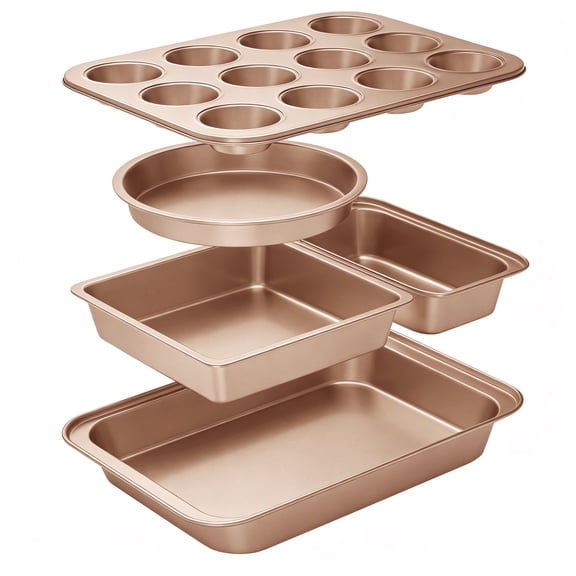 EXERAUO Bakeware Set 5-Piece, Non-Stick Baking Pans Set,Stackable Baking set with Muffin Pan,Round/Square Cake Pan, Loaf Pan,Deep Baking Pan