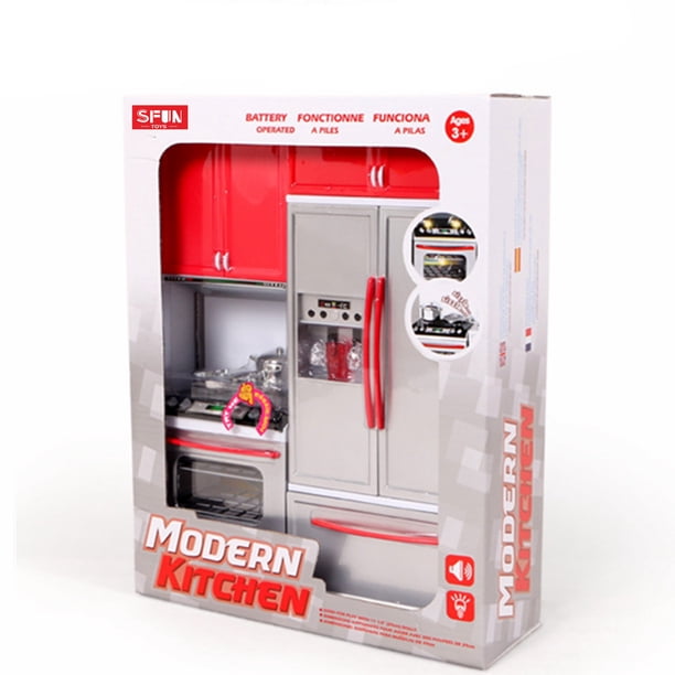 Mini cocina de regalo de Navidad para niños, juego de cocina de simulación, armario, estufa, juguete para niñas, color rojo