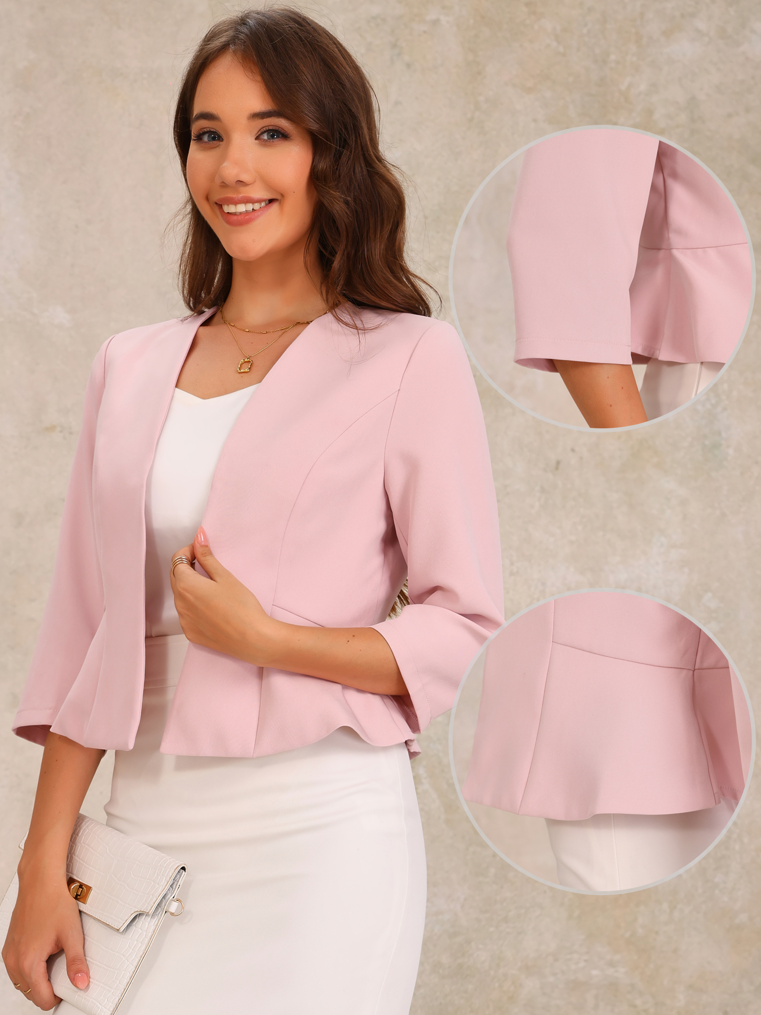 DARING DIVA Women's Open Front 3/4 Sleeve Peplum Business Blazer XS Pink