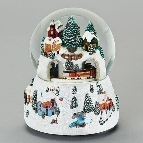 Musical Village Rotating Train White 6 inch Resin Holiday Wind Up Snow Dome
