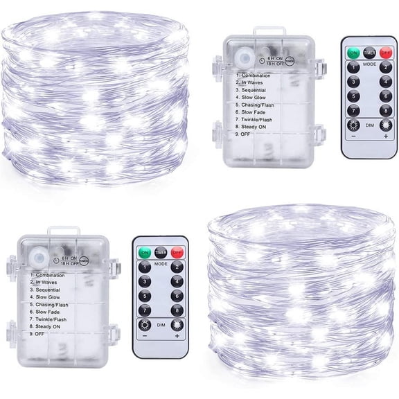Morttic 2 Set Battery Operated Fairy Lights , 33FT 100 LED Copper Wire String Lights with Remote Control Timer 8 Modes for Garden, Christmas Party, Indoor and Outdoor Decor, Cool White