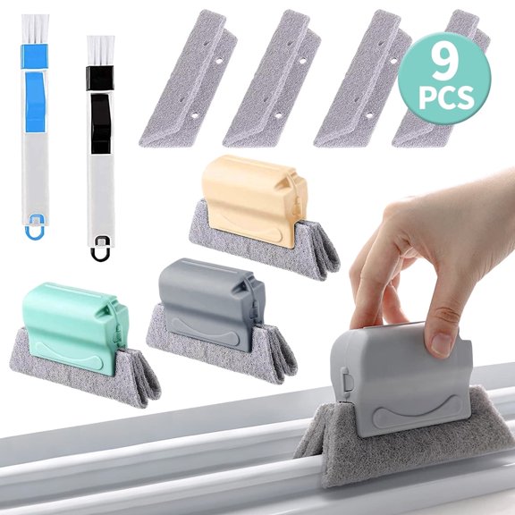 Window Track and Groove Cleaning Brush Set - 9 Pcs Kit with Replaceable Sponges and 2-in-1 Dustpan Brush