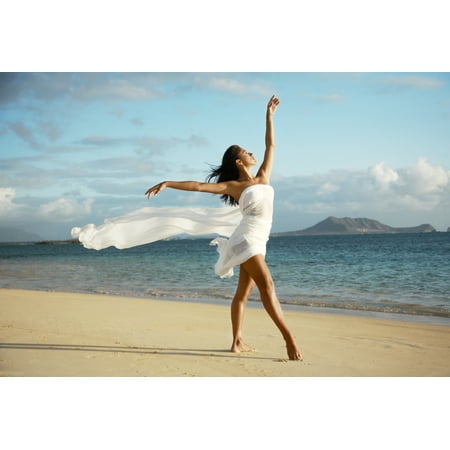 Hawaii Oahu Lanikai Beach Beautiful Female Ballet Dancer On Beach Wearing White Flowing Fabric